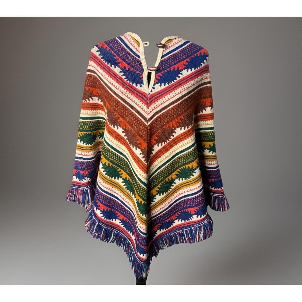 Vintage Sabra Poncho One Size Aztec‎ Colorful Fringe 70s RARE!